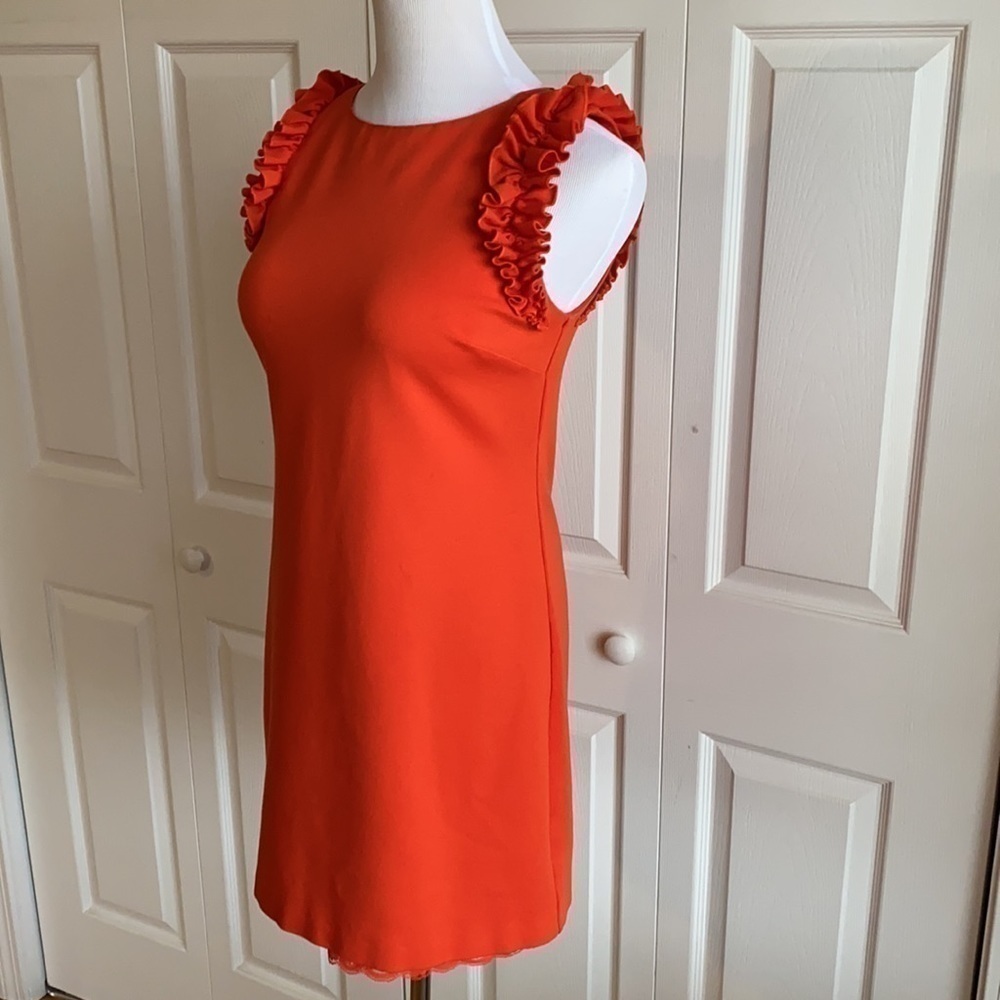 Trina Turk Orange Ruffle Shoulder Sheath Dress Size 2 - Picture 5 of 13